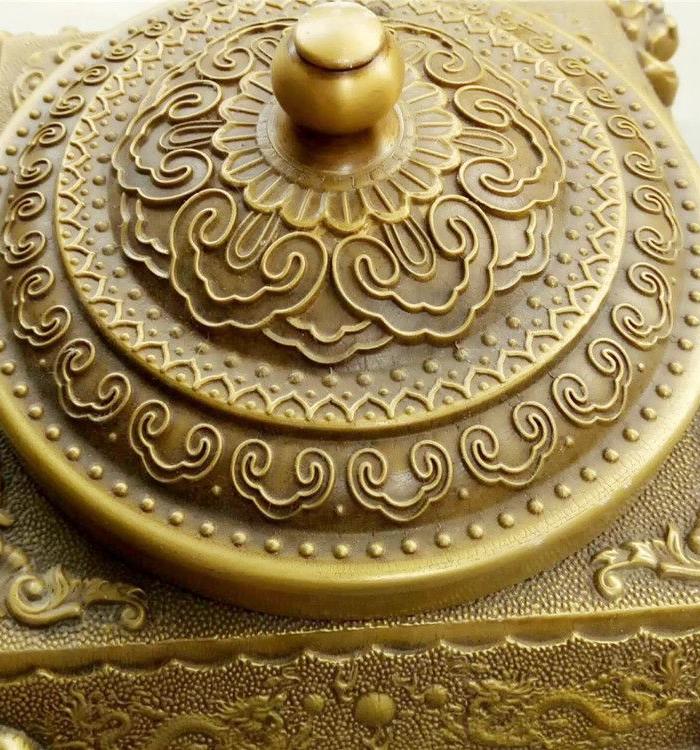 仿古黄铜双龙戏珠四足烟灰缸 如意龙纹精铜烟灰缸