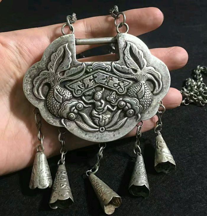 老银项链长命锁 连生贵子 长命百岁