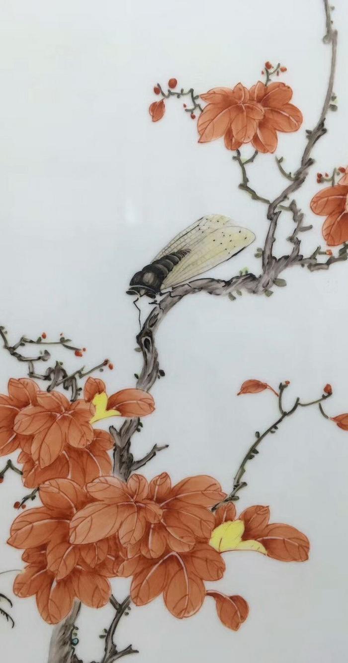 螳螂扑蝉粉彩瓷板 李明亮