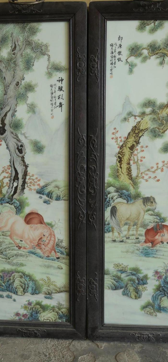 张志汤八骏马瓷板画四条屏