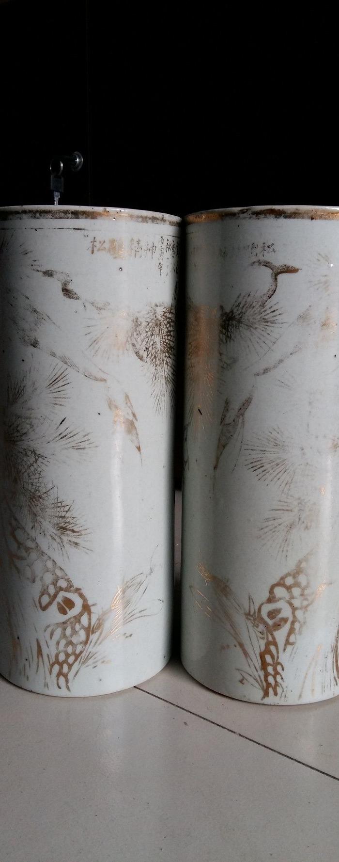 晚清描金松鹤延年帽筒一对