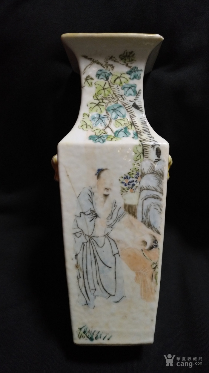 民国浅绛大家高心田人物双狮耳方瓶