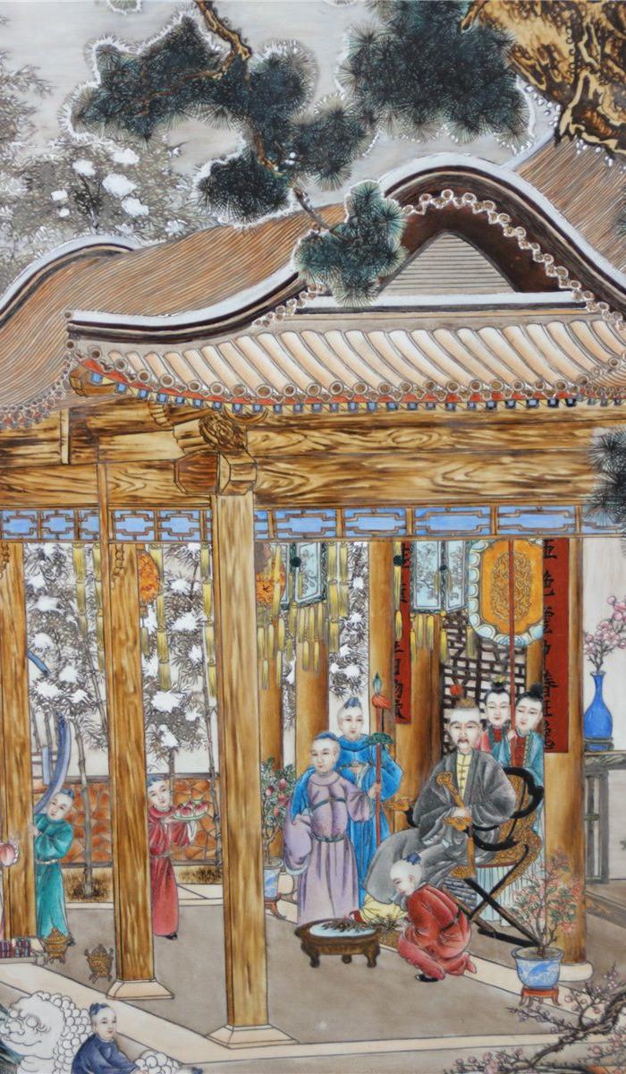 郎世宁雪景行乐瓷板挂屏