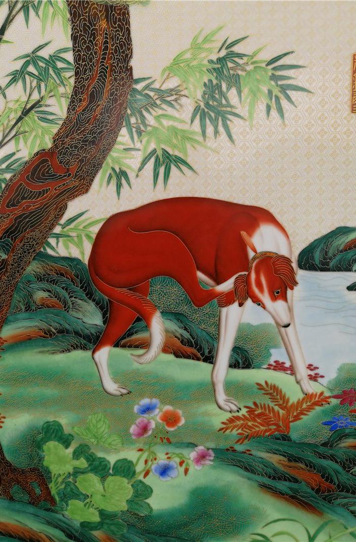 郎世宁十狗图瓷板挂屏