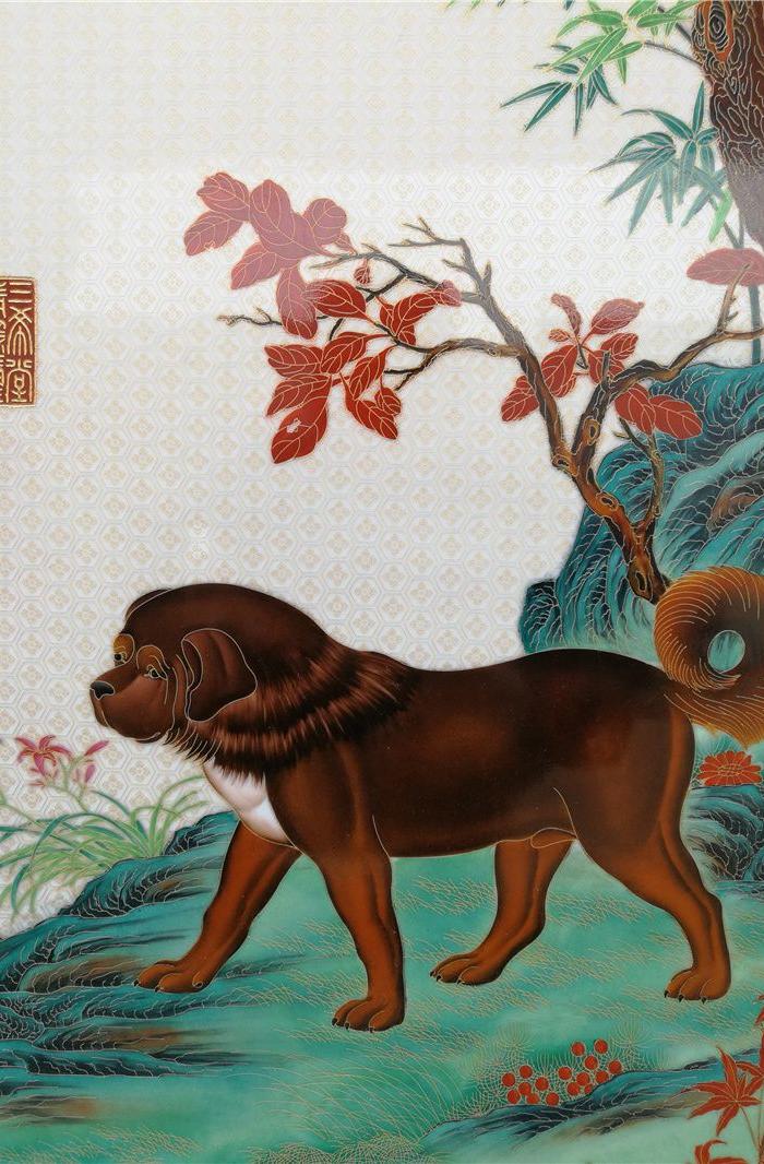 郎世宁十狗图瓷板挂屏