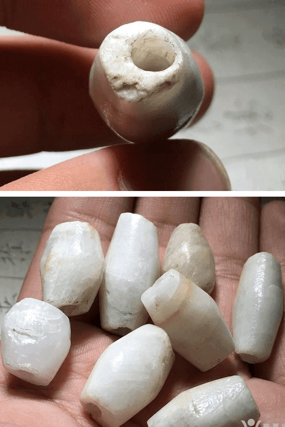 白萤石 桶珠 8粒 包浆老厚 手工打造