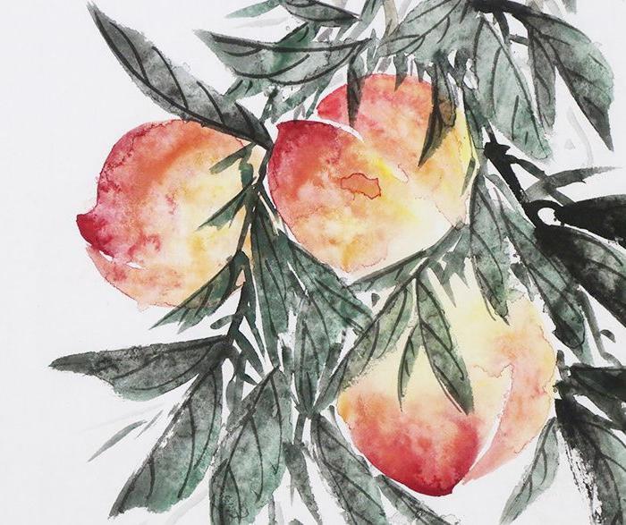 凌雪《福寿康宁》四尺手绘花鸟画寿桃图手绘