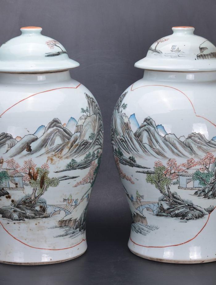 华夏古玩城 瓷器 民国 > 民国 谢海如款 浅绛彩 大将*罐一对