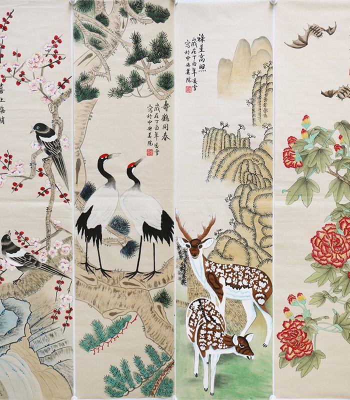 凌雪《福禄寿喜》花鸟四条屏工笔画