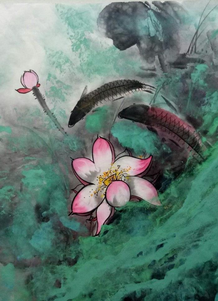 实力派画家泼彩山水画四尺斗方鲤鱼跳龙门