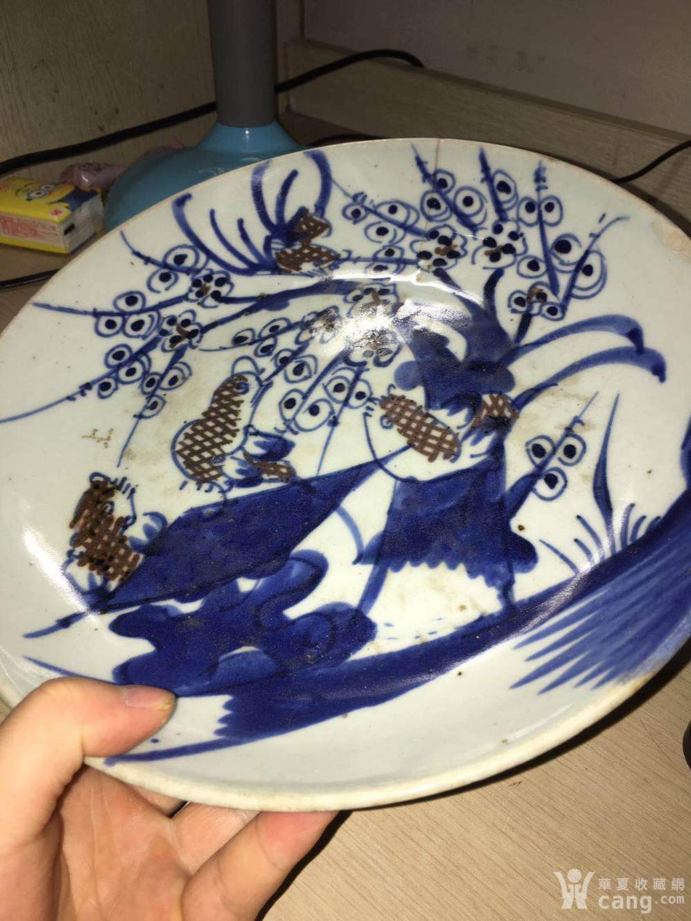 清代喜鹊登梅青花加紫大盘子一个