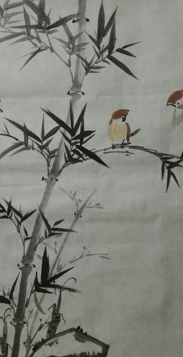 手绘真迹四尺三开国画竹子麻雀图晨趣