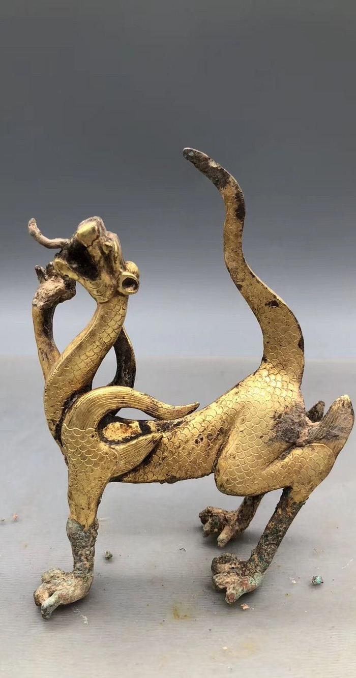 铜鎏金一对龙狮兽