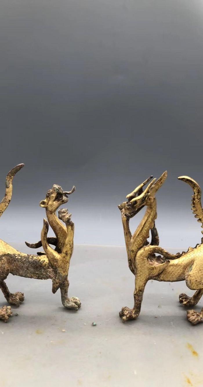 铜鎏金一对龙狮兽