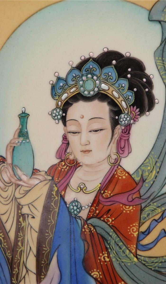 丁观鹏自在菩萨瓷板