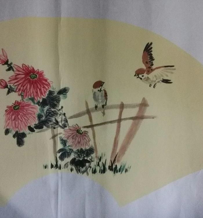 手绘真迹扇面国画菊花麻雀图秋韵