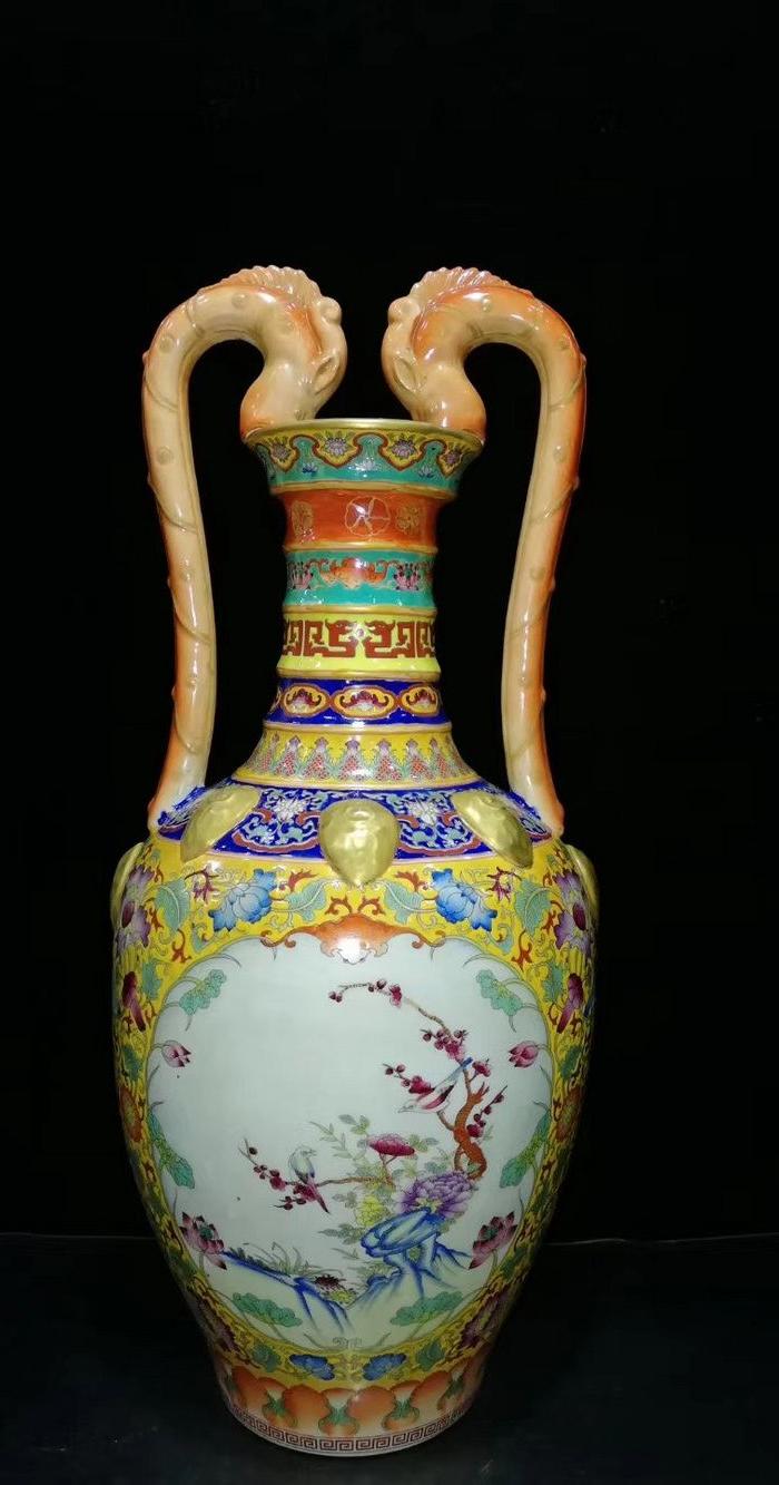 大清乾隆年御制珐琅彩鎏金开窗花鸟双龙瓶 古玩古董古瓷器老物件