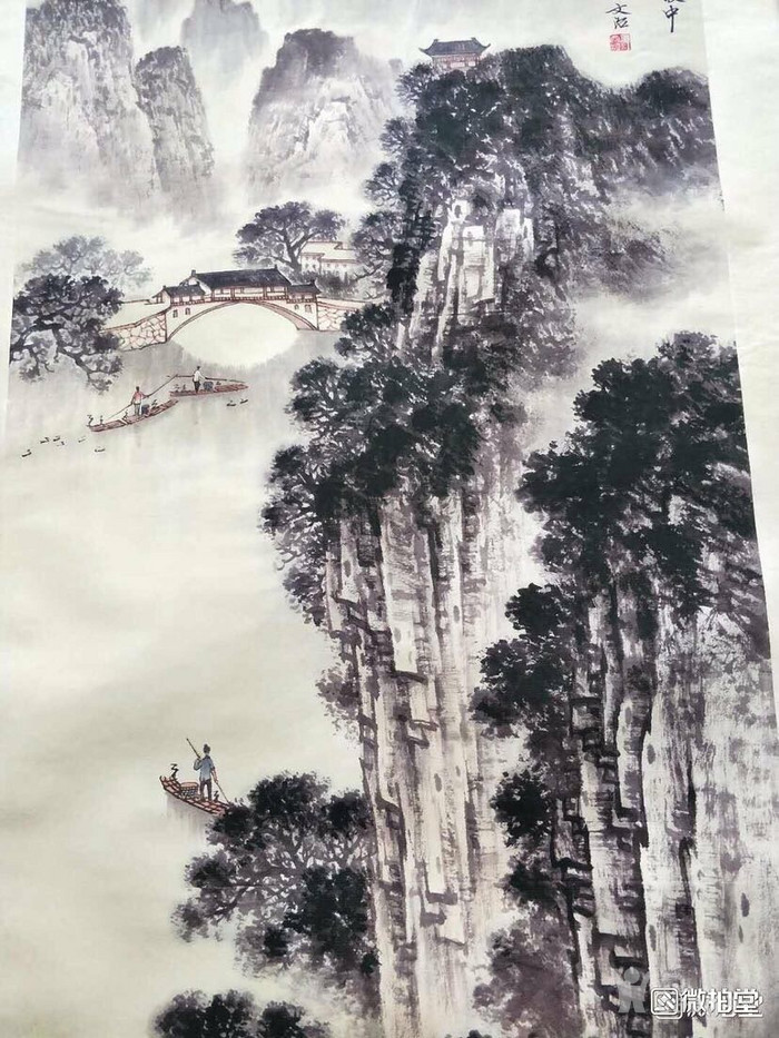 景文治款山水挂轴画 工艺精湛 栩栩如生