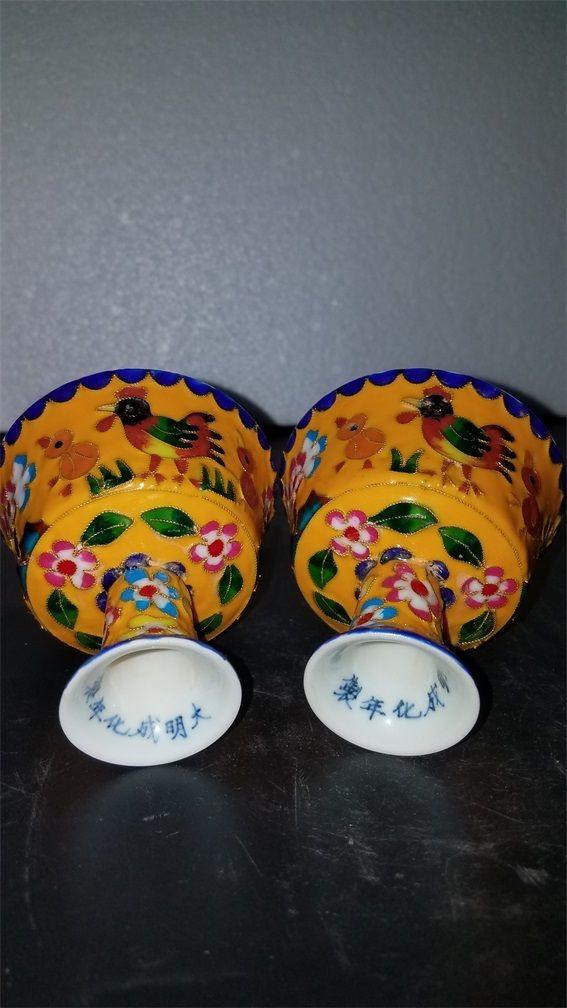 珐琅彩高足鸡缸杯一对