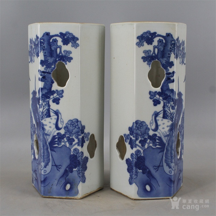 民国松竹轩青花花鸟六方帽筒