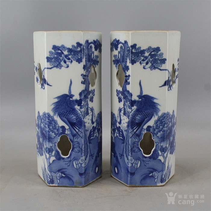 民国松竹轩青花花鸟六方帽筒