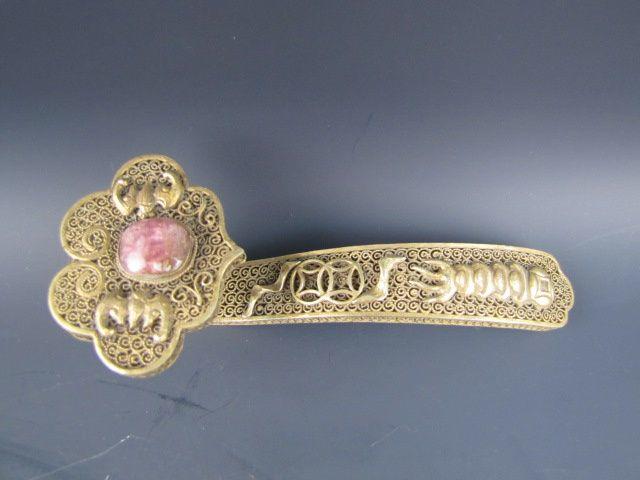 明代银鎏金镶宝石如意