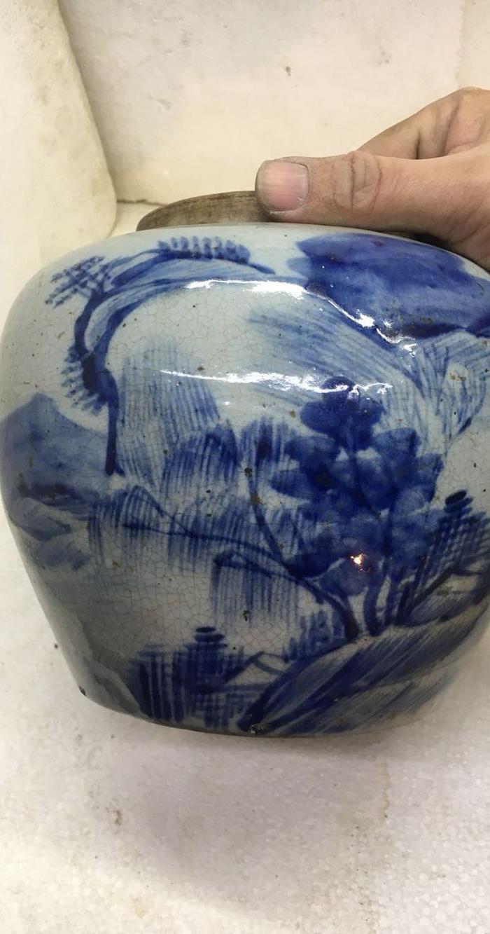 特漂亮的 全品 磁州窑 青花 山水罐