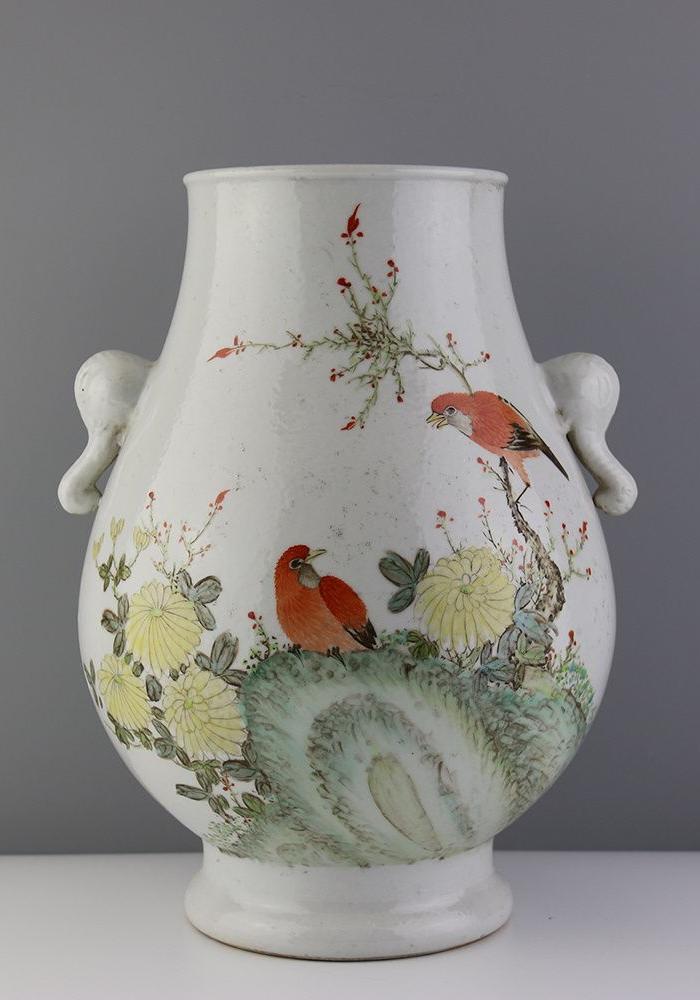 近代名家许达生作粉彩秋色清风花鸟纹双象鼻尊