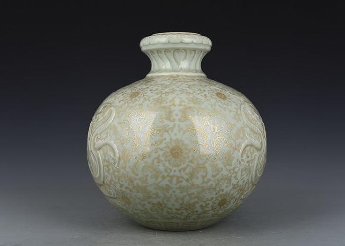 瓷器 粉青釉描金螭龙纹石榴尊 陶瓷 lx