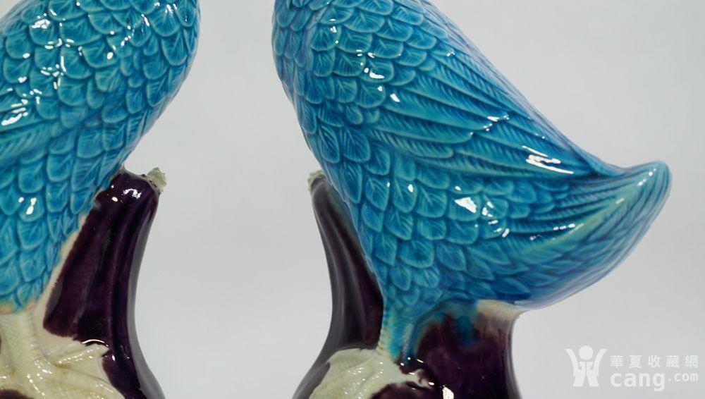 晚晴民国孔雀蓝釉瓷塑福鸭摆件一对