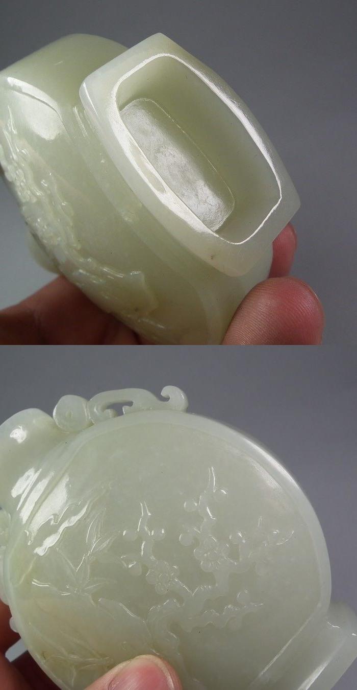 老和田青白玉白玉双面工浅浮雕松下山石兰花双耳大玉瓶摆件