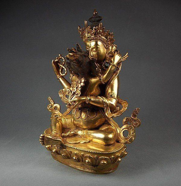 881 17世纪 明代藏传双身佛造像 铜鎏金 21cm