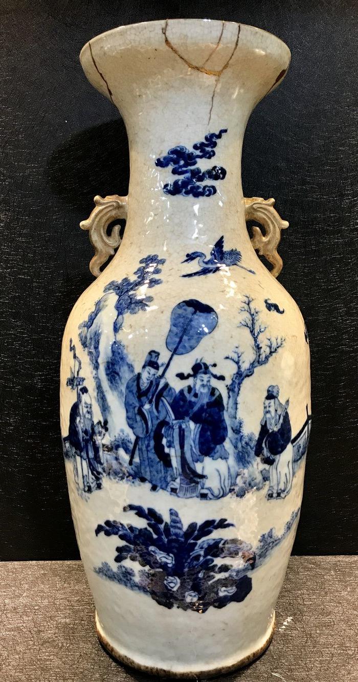 清咸丰哥釉堆白青花福禄寿喜神仙人物纹龙耳300件大瓶