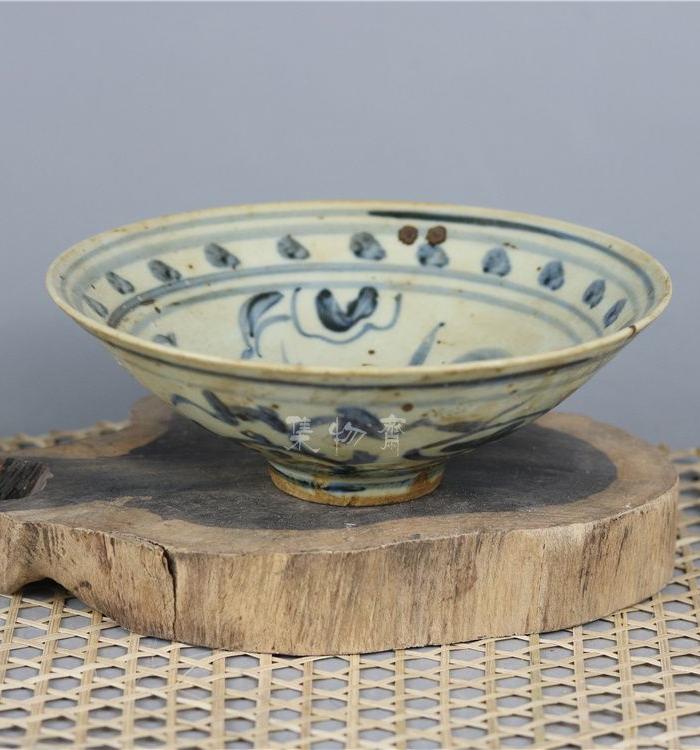 明代民窑青花手绘凤纹斗笠碗