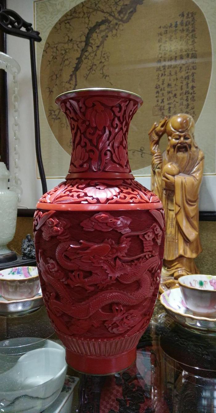 四五十年代 北京雕漆剔红龙纹花瓶 铜胎漆器蟠龙瓶