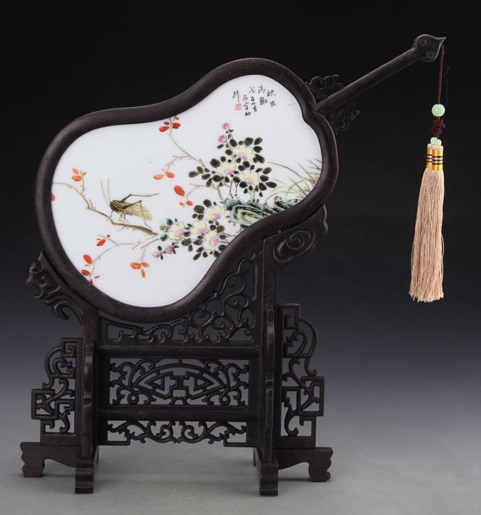 石宇初秋虫清趣扇形屏风