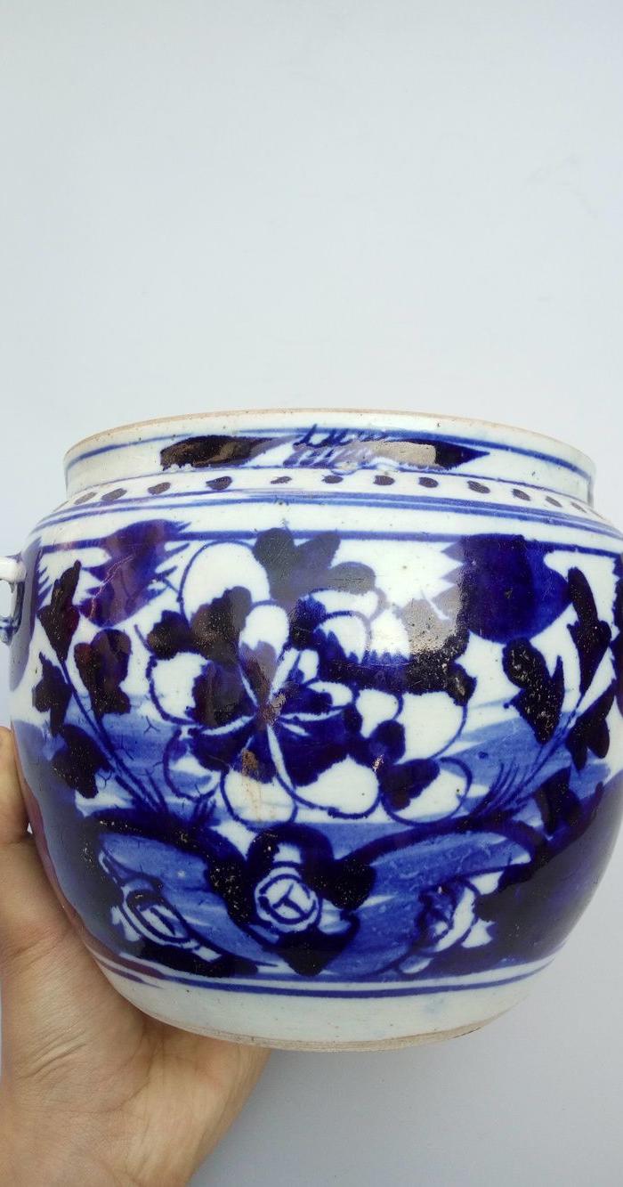 包老清晚期洋蓝双栖牡丹老罐子