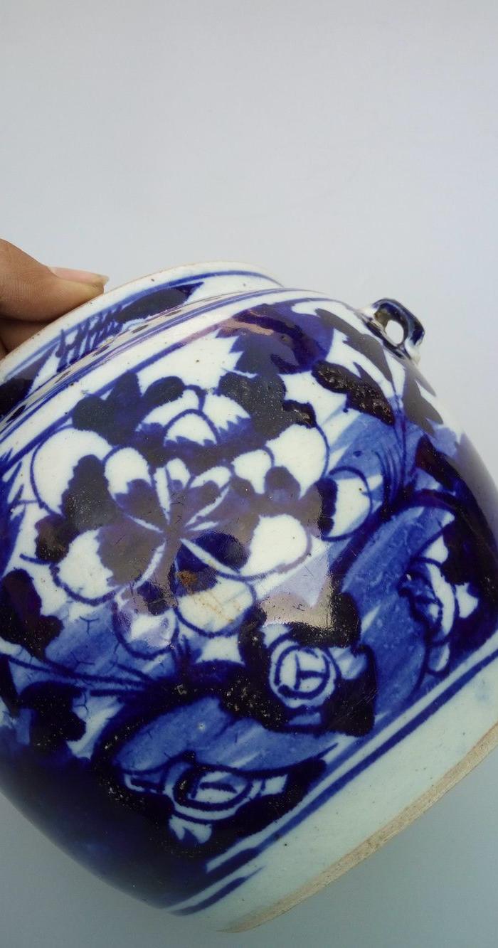 包老清晚期洋蓝双栖牡丹老罐子