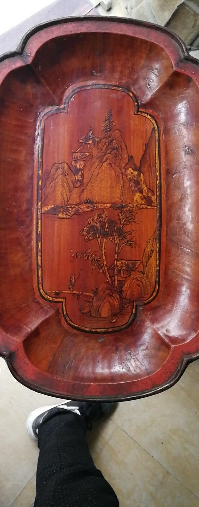 红漆彩绘小木盘盆