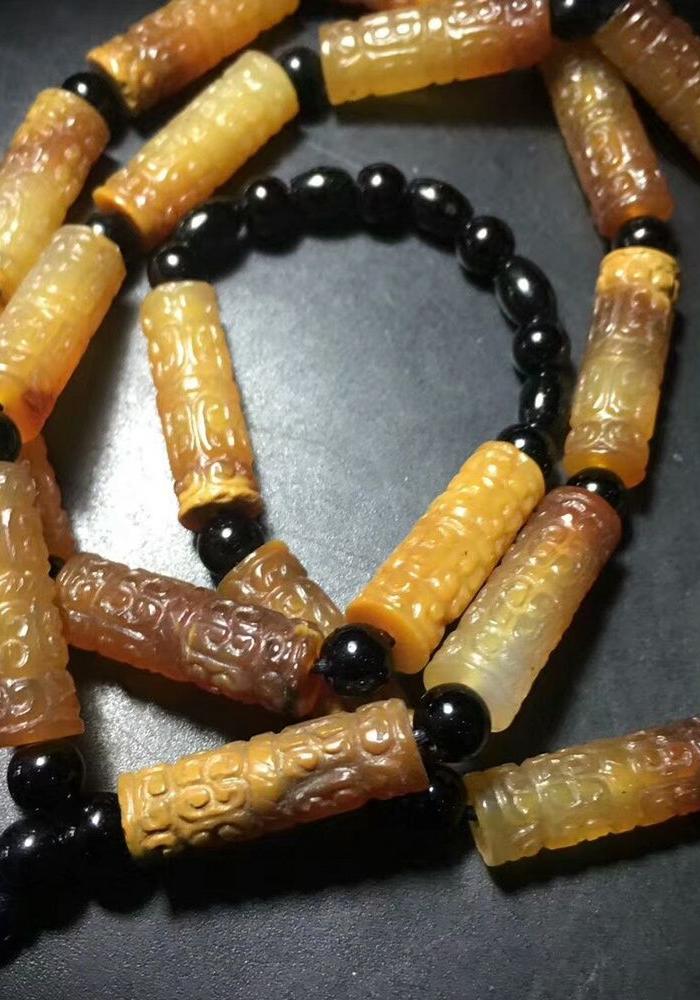 老玛瑙勾连纹玉管珠项链挂饰