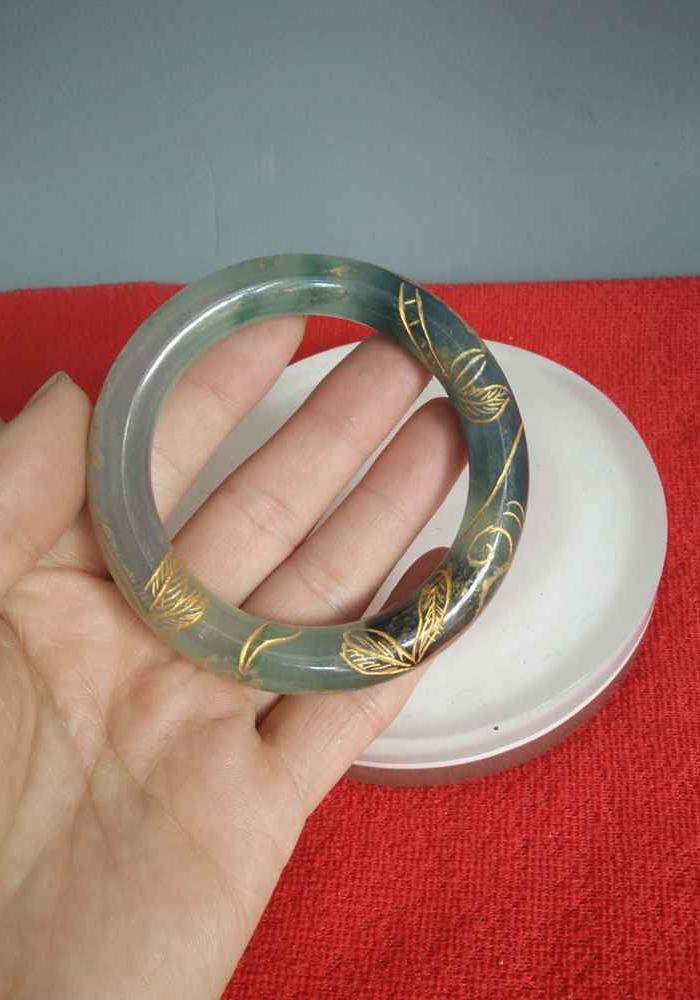 清代传世天然冰种老翡翠描金手镯