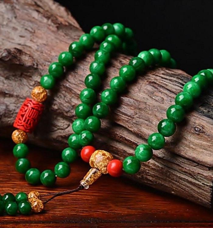 缅甸翡翠手链108颗干青祖母绿铁龙生祖母绿diy佛珠女款