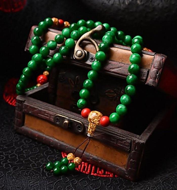 缅甸翡翠手链108颗干青祖母绿铁龙生祖母绿diy佛珠女款