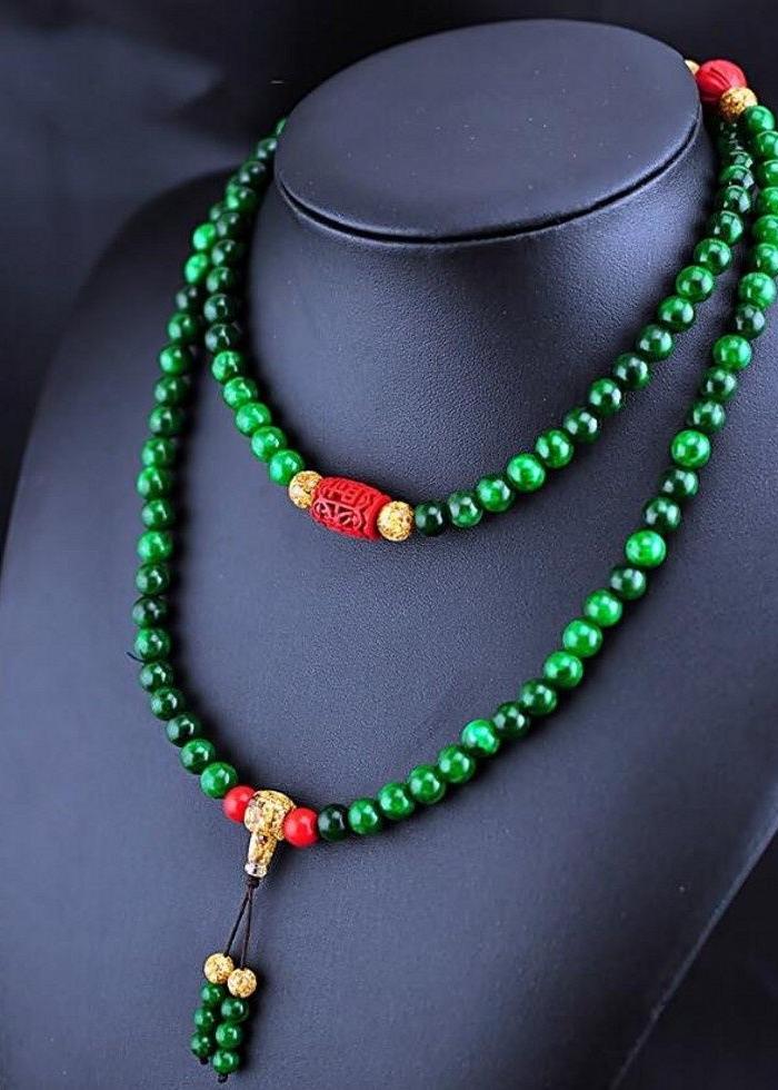 缅甸翡翠手链108颗干青祖母绿铁龙生祖母绿diy佛珠女款