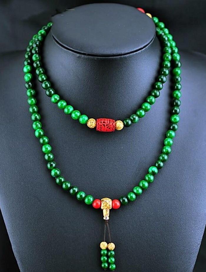 缅甸翡翠手链108颗干青祖母绿铁龙生祖母绿diy佛珠女款