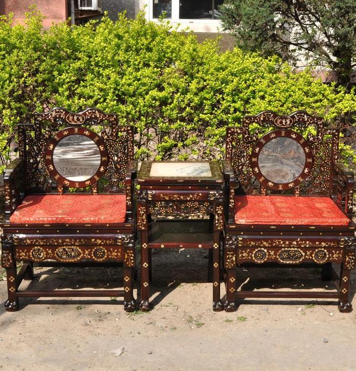 古董老家具 清代老红酸枝贝壳镶嵌太师椅子中堂摆设方桌条案精品