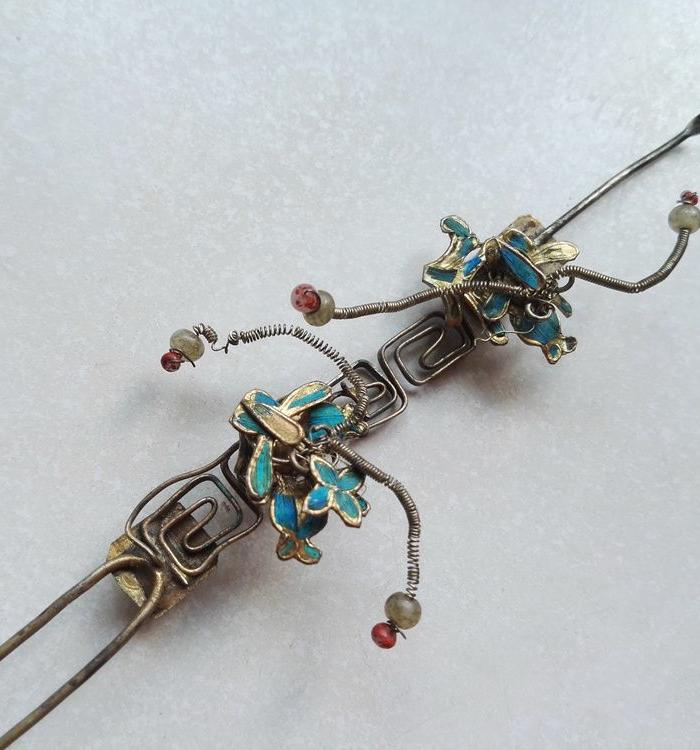 清代鎏金点翠耳挖银步摇