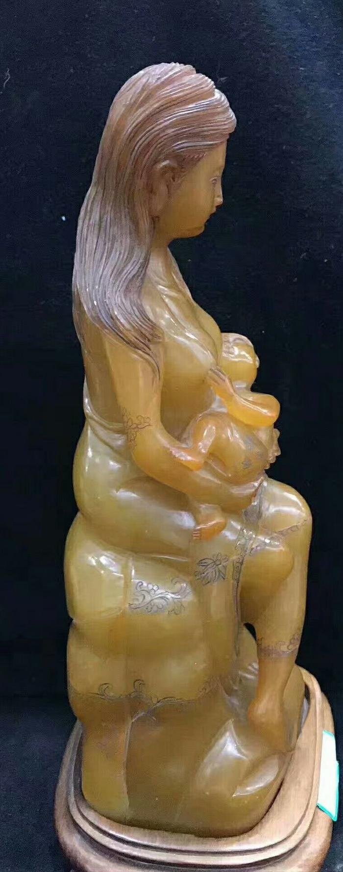清代寿山石观音摆件母子情深