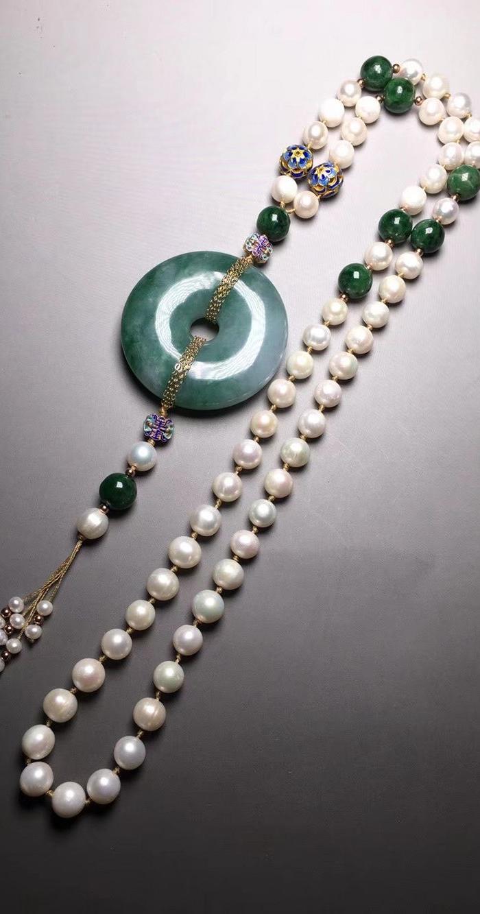 复古珍珠翡翠项链 周莹同款
