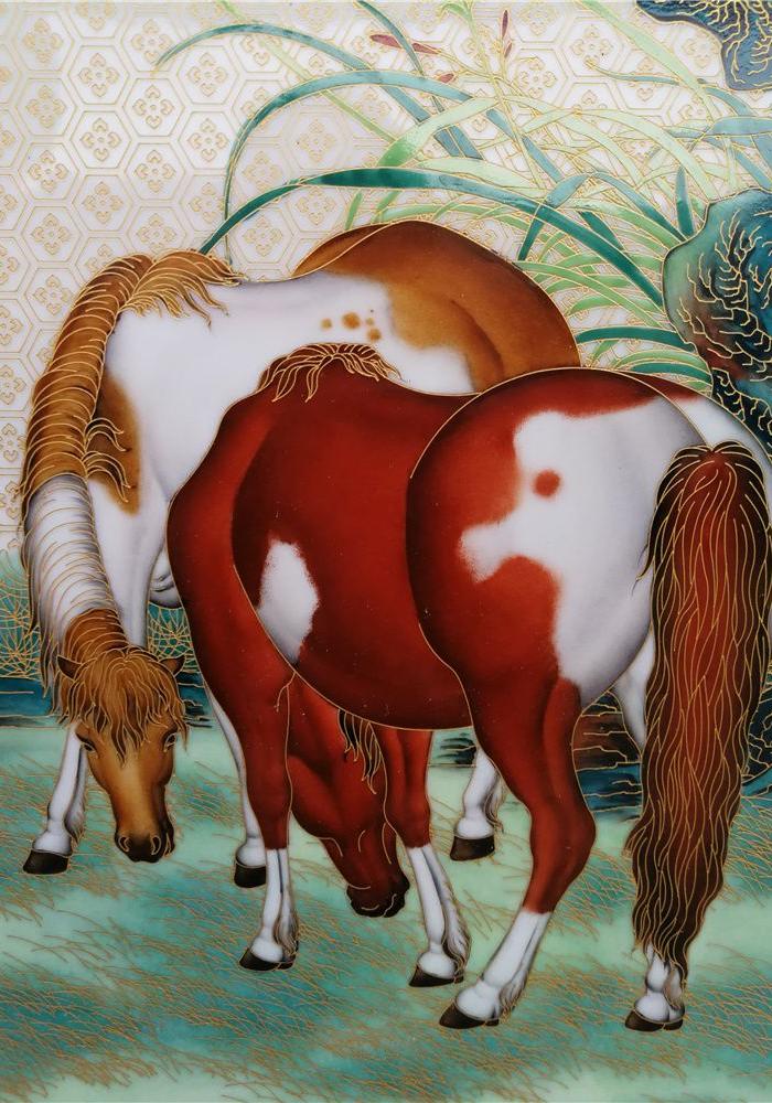 郎世宁八骏图瓷板挂屏